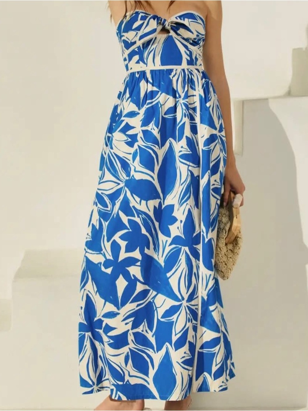Blue and White Strapless Floral Midi Dress